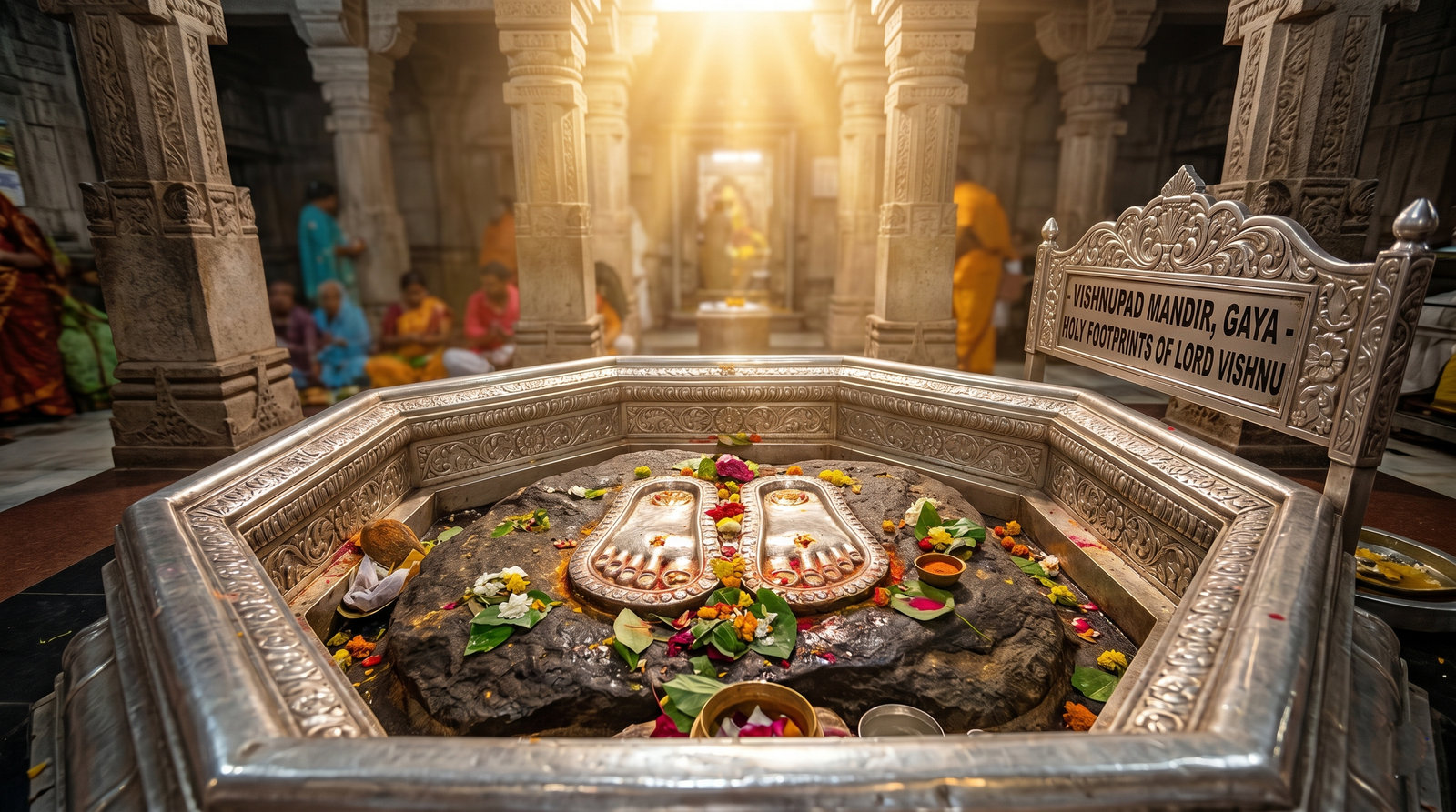 Holy footprints of Lord Vishnu inside गर्भगृह of Vishnupad Mandir Gaya ji