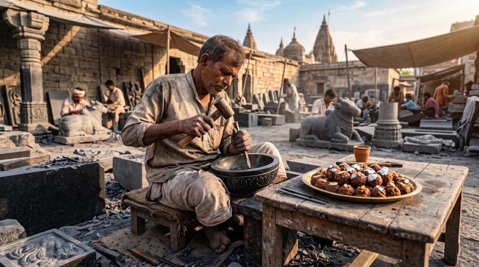 Traditional artisans carving black stone utensils at Patharkatti market near Vishnupad Mandir Gaya Bihar