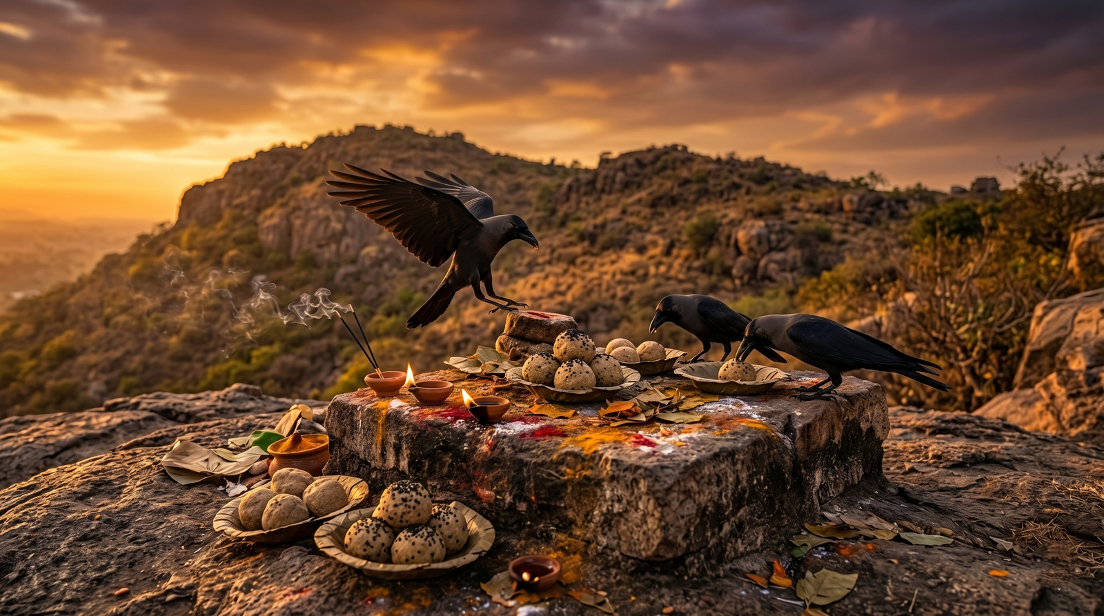 An ancient, mystical view of Kotshila Hill in Gaya Bihar with crows gathering near a sacred stone vedi during sunset