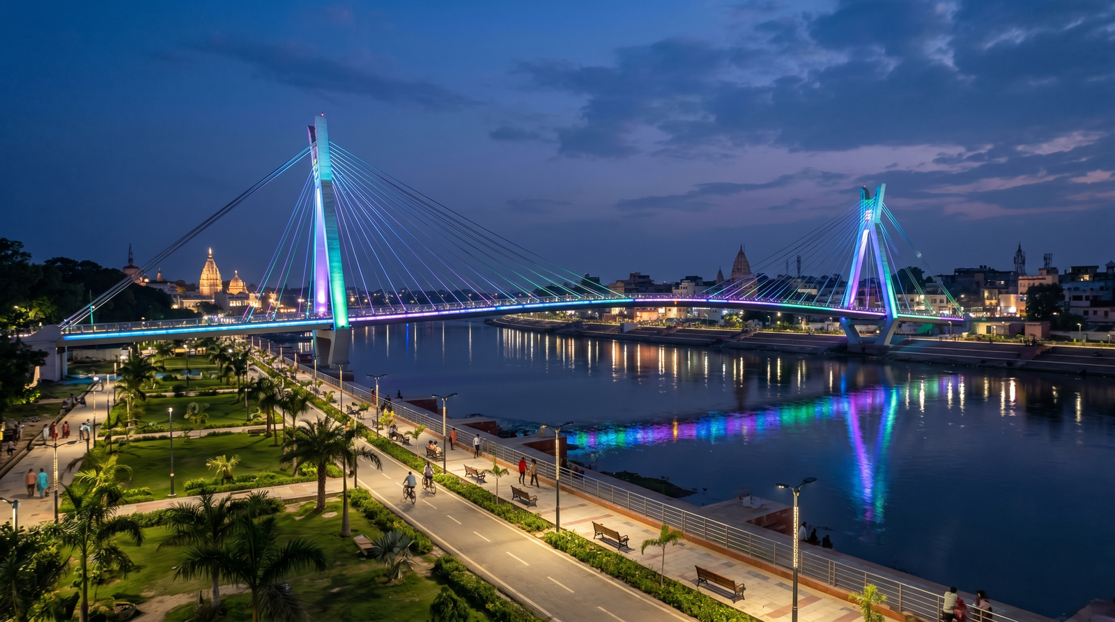 A modern suspension bridge or jhula pul prototype over the Falgu River at Kirani Ghat in Gaya Bihar with beautiful riverfront lighting