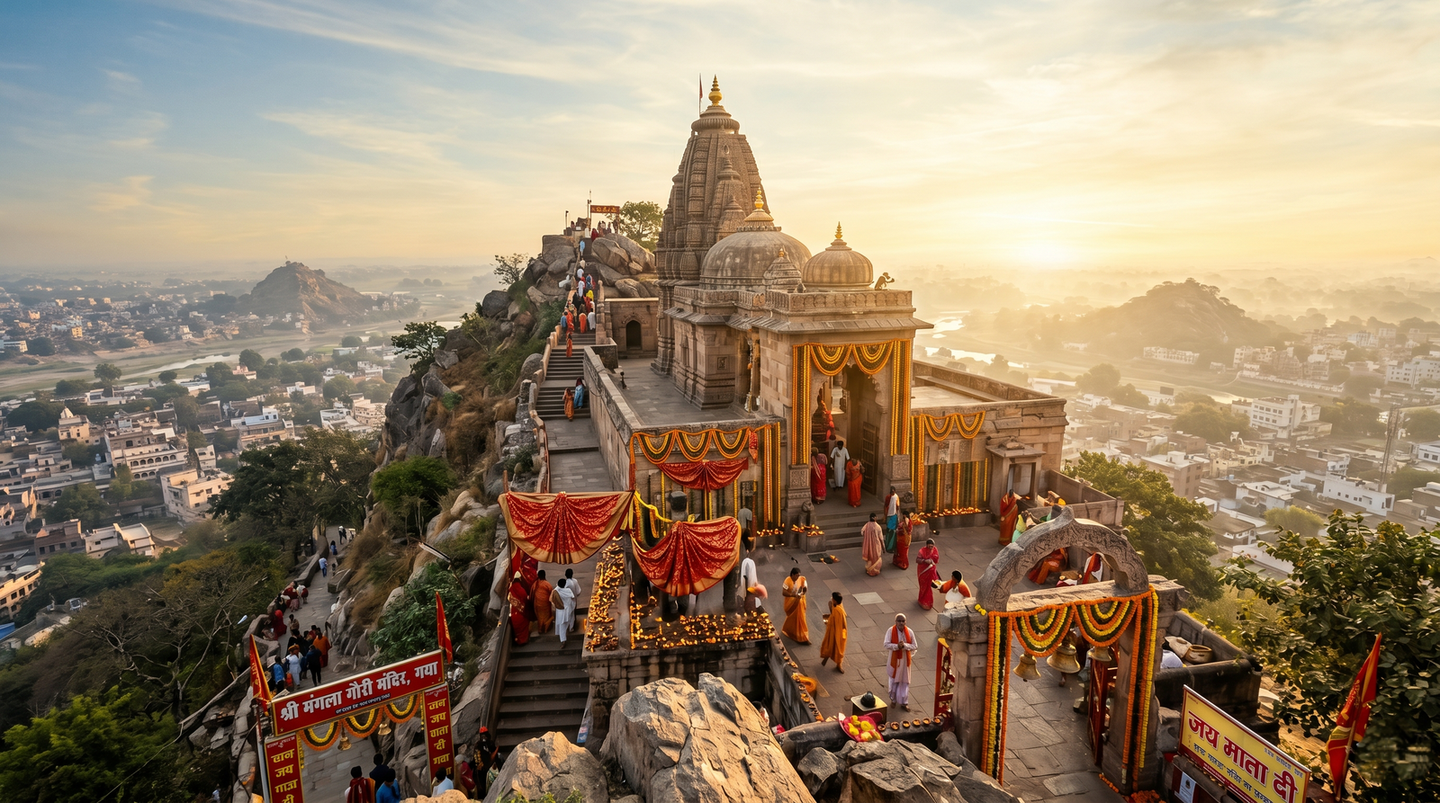 An aerial cinematic view of the sacred Mangla Gauri temple shrine on Bhasmakoot hill in Gaya Bihar decorated with traditional red sarees under a bright morning sun