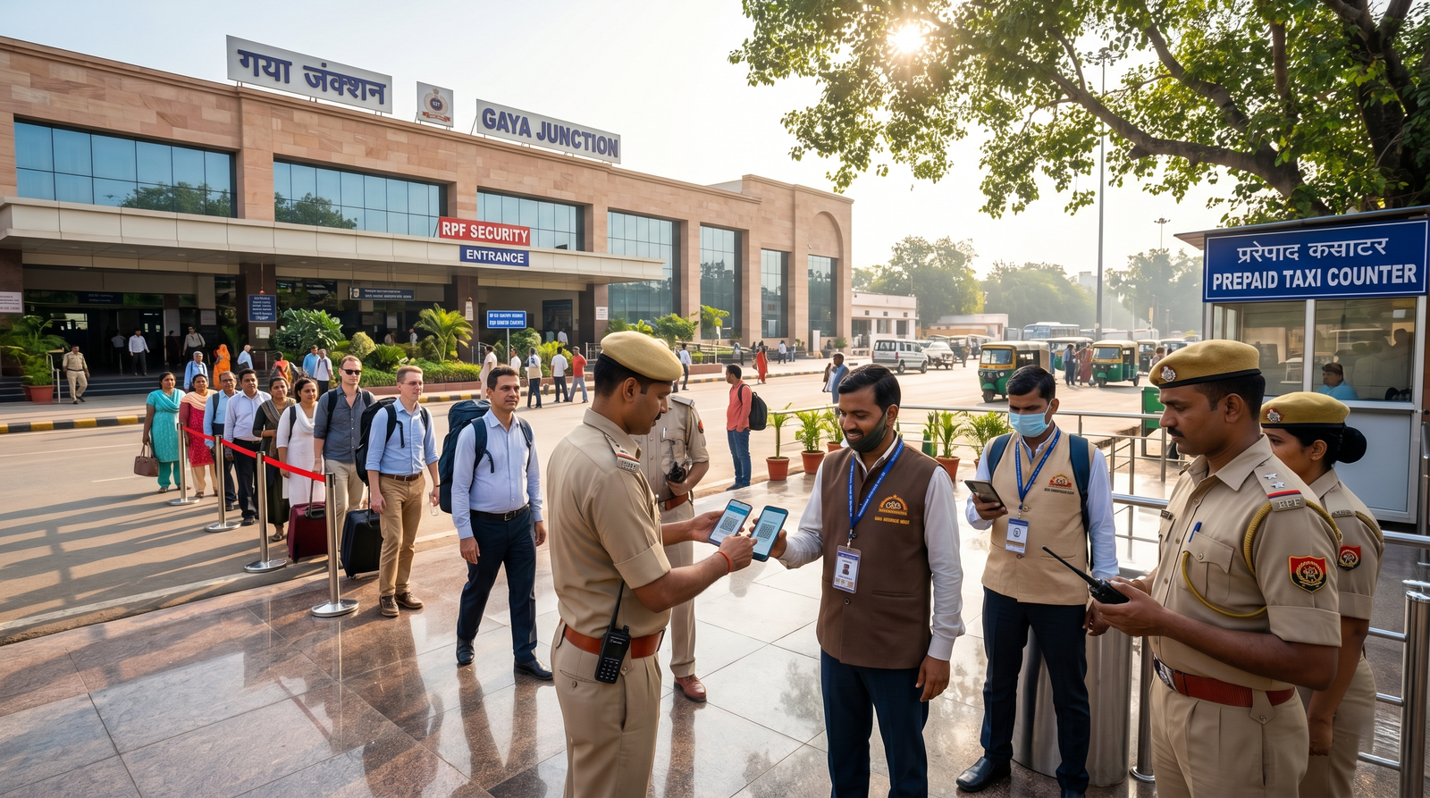 A clean professional cinematic wide shot of alert railway security forces checking digital qr passes of authentic guides at the main entrance of gaya junction railway station under natural lighting