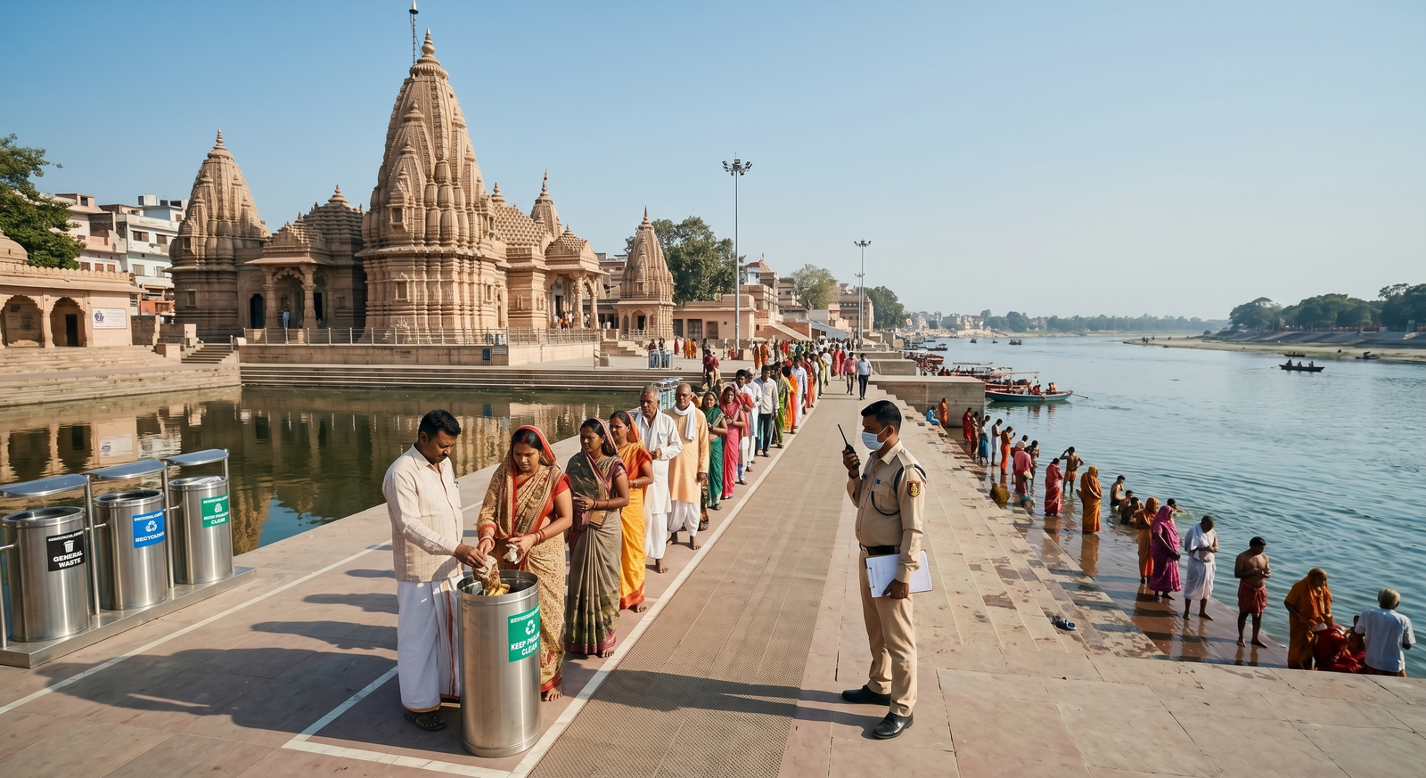 A clean professional cinematic wide shot of neat and clean steps at phalgu river devghat in gaya bihar with modern steel dustbins under natural lighting