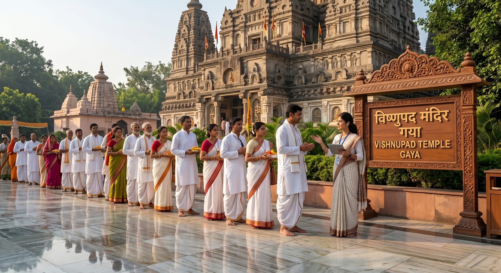 A clean professional cinematic wide shot of pilgrims wearing traditional white dhoti kurta entering the clean sacred premises of vishnupad temple in gaya bihar under natural lighting