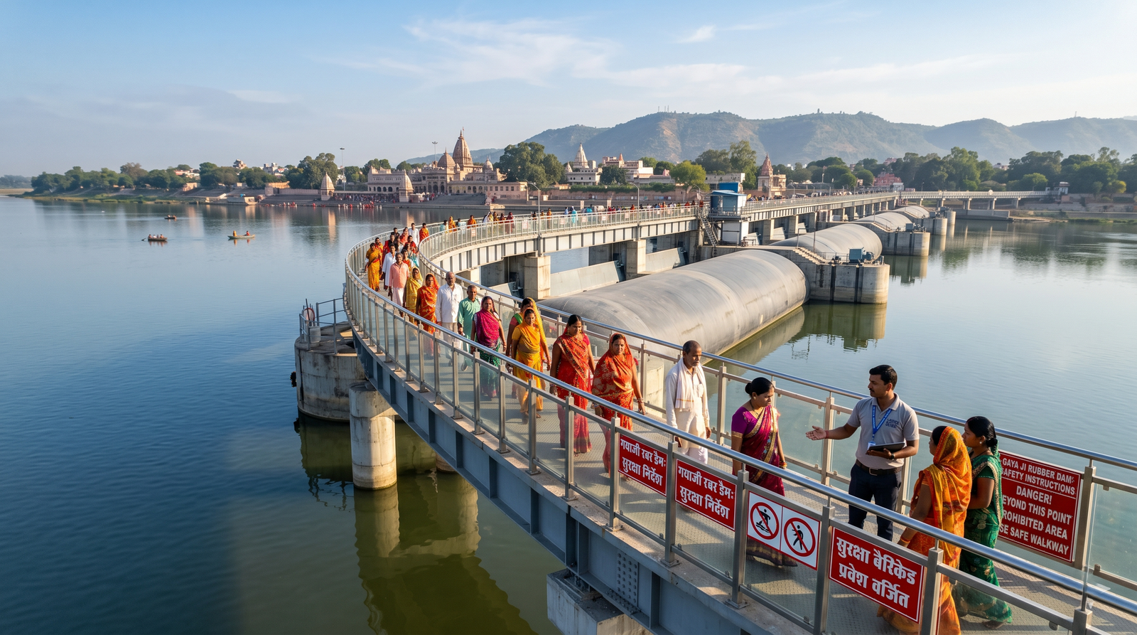 A clean professional cinematic wide shot of the beautiful gayaji rubber dam across phalgu river with clear warning signs and modern metal barricades under natural lighting