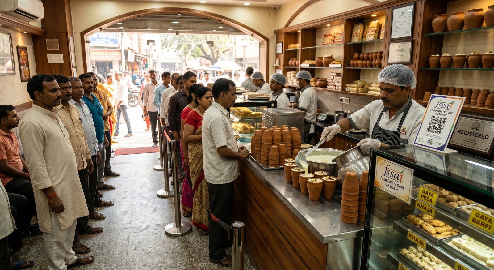 A clean professional cinematic wide shot of traditional halwais preparing fresh pure khoya peda sweets and rich lassi at a clean certified shop on ramna road in gaya bihar under natural lighting
