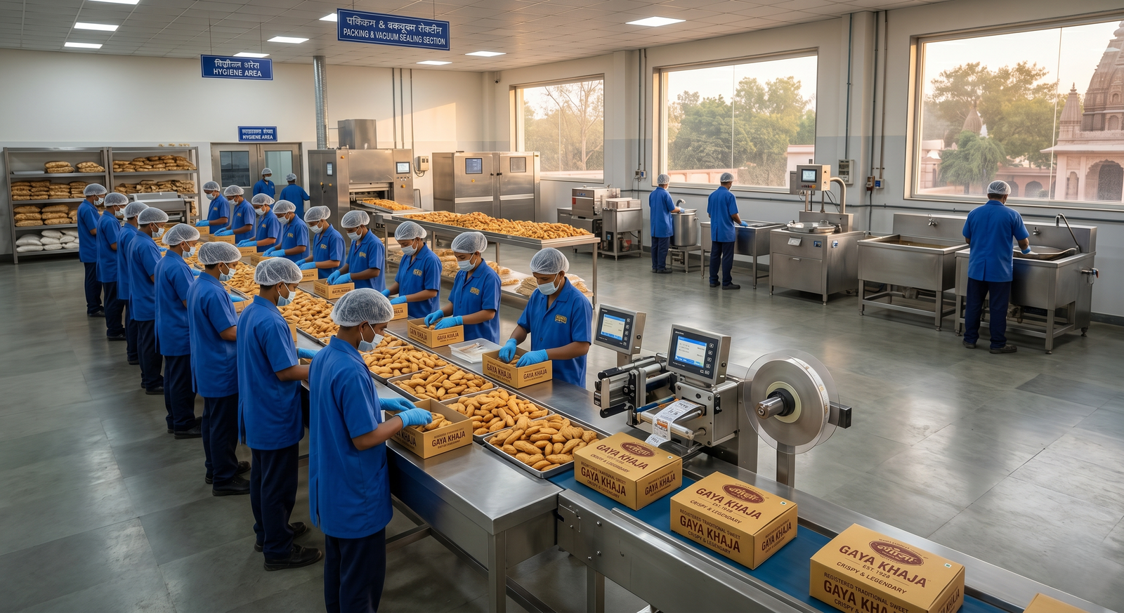 A clean professional cinematic wide shot of traditional sweet makers packing crisp golden layers of gaya khaja in airtight eco friendly boxes under natural lighting