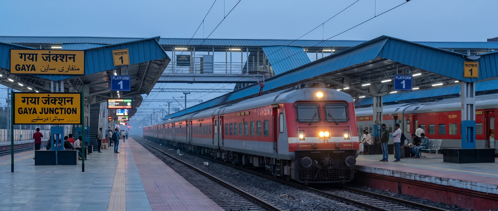 A grand clean cinematic shot of a modern Indian Railways express train entering the world class Gaya Junction railway station platforms during early morning dawn with passengers waiting
