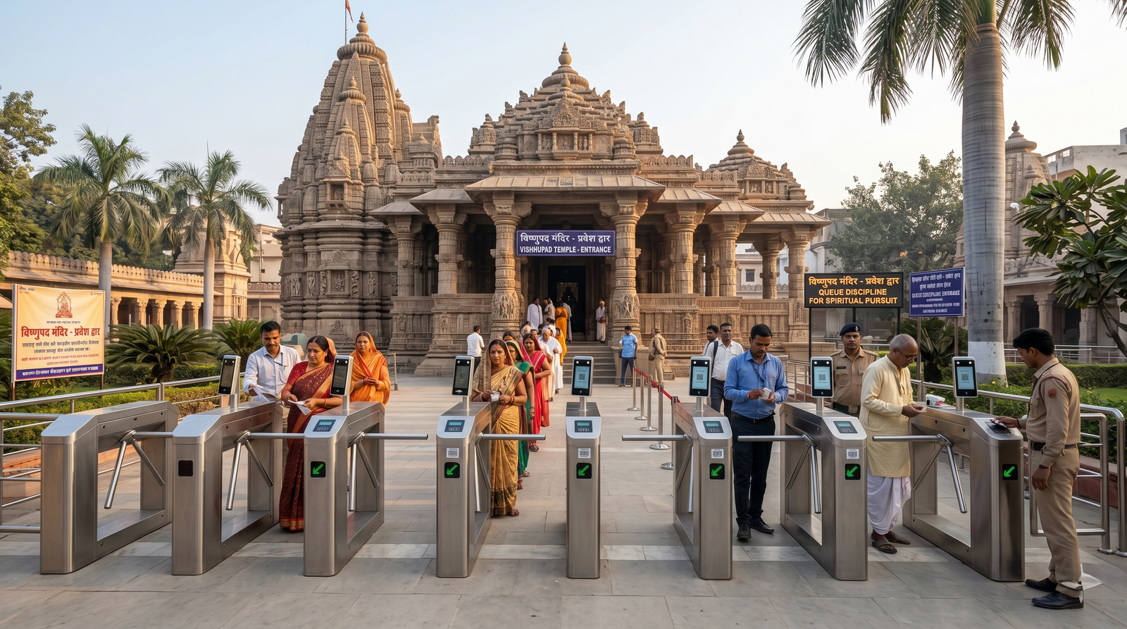 A professional cinematic wide shot of the historical Vishnupad Temple entrance gate in Gaya Bihar with neat digital barcode scanners and security checkpoints under a bright daylight