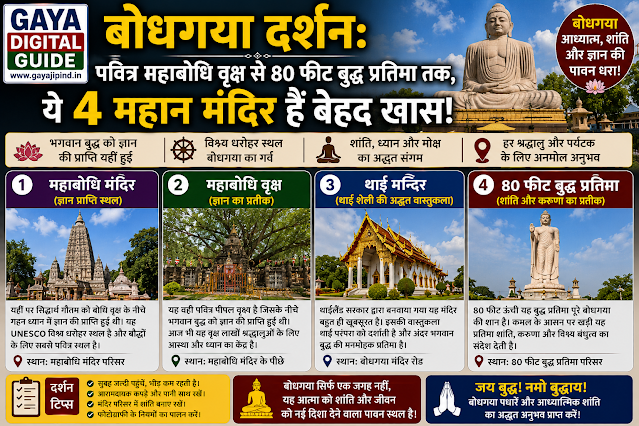 Checking Bodhgaya Mahabodhi Temple and 4 great Buddha statues details