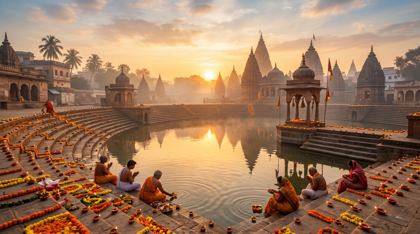 A beautiful cinematic wide-angle view of the ancient sacred Vaitarni Kund and Devghat in Gaya Bihar with clean holy water reflecting the golden morning sun and traditional oil lamps set up along the steps