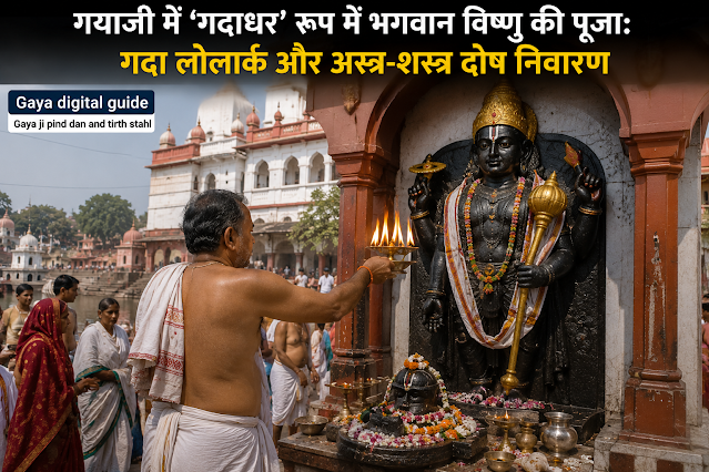 गयाजी में फल्गु तट स्थित गदा लोलार्क वेदी पर अकाल मृत्यु दोष शांति हेतु गदा-अर्घ्य समर्पित करते श्रद्धालु