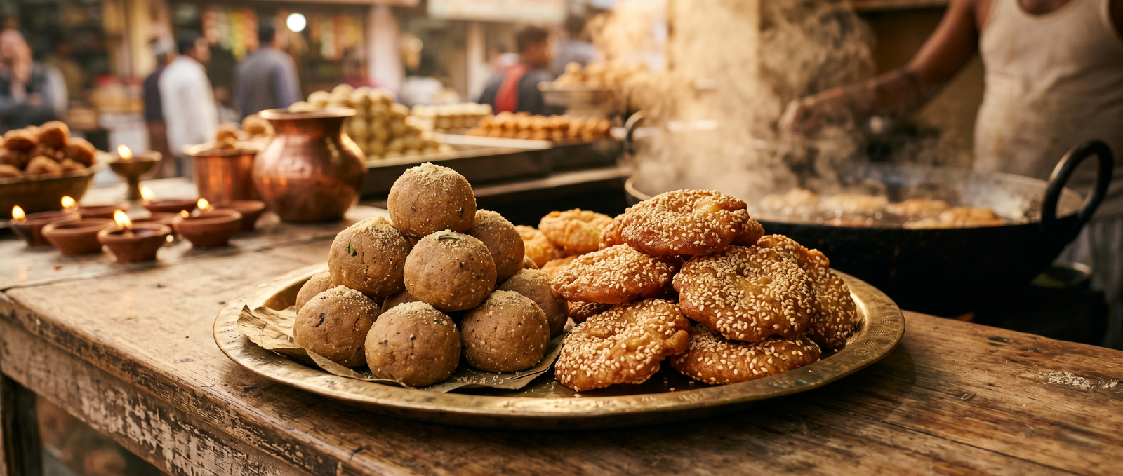 A high-end cinematic 8k macro shot of traditional Indian sweets from Gaya, Bihar. On a rustic brass platter, a pile of round, rich, authentic 
